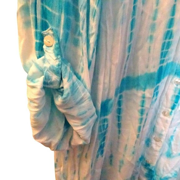 OSO Casuals Button Down Blue and White Collared Rayon Tie Dyed Long Sleeve Cover - Picture 4 of 7